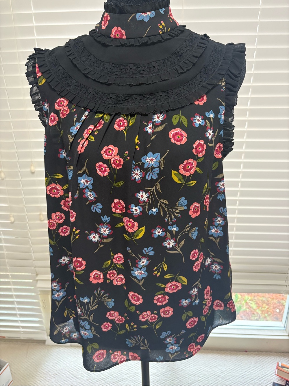 kate spade Black Floral Ruffle Mock Neck Camisole with Pink & Blue Flowers
